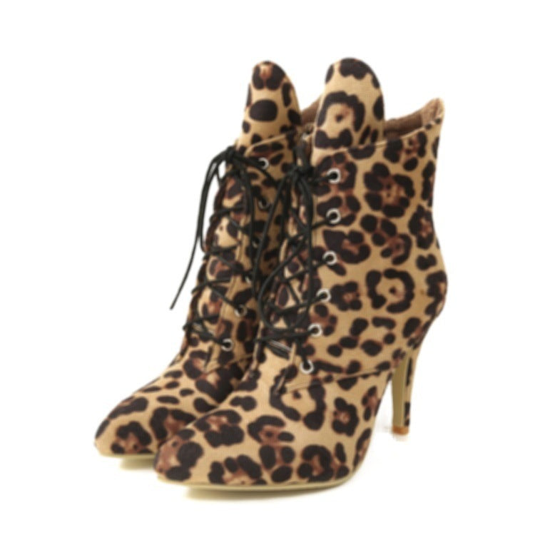 Women's Leopard Print Suede Boots – Super High Heel, Pointed Toe, Lace-Up Design