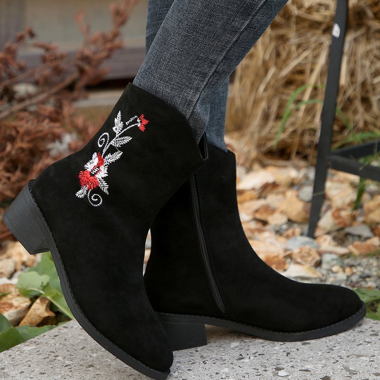 New Women's Mid-Calf Embroidered Boots