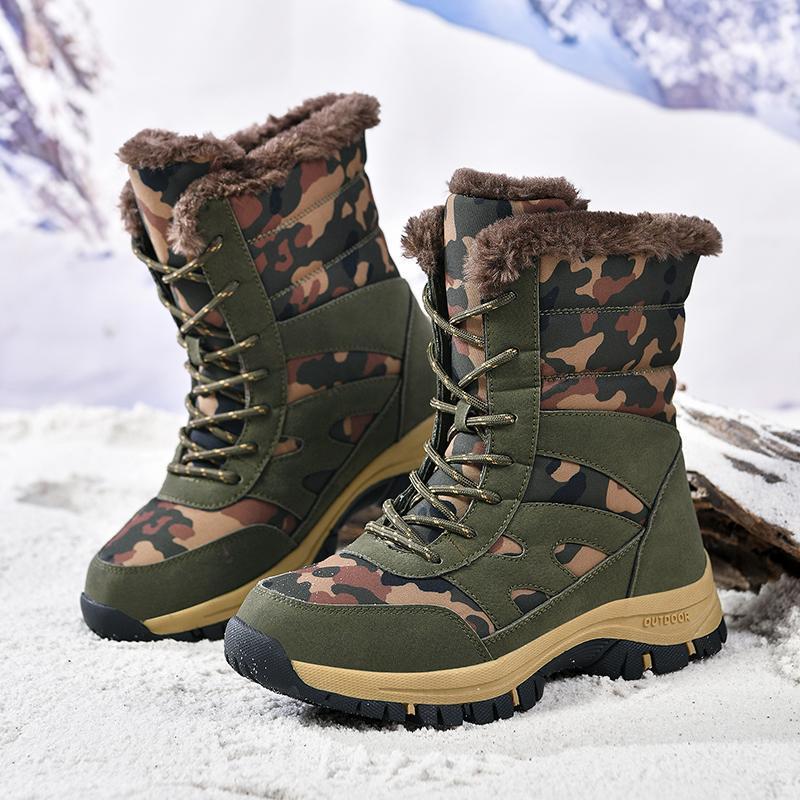 Outdoor Army Green Camouflage High-Top Snow Boots for Women, Thickened Cotton Shoes