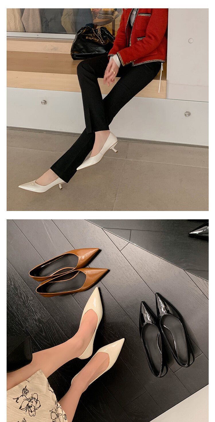 Korean Style Stiletto Heel Pointed Toe V-Shaped Mouth Pumps in Patent Sheepskin