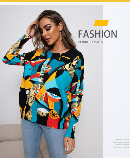 Printed Round Neck Pullover Knitted Sweater