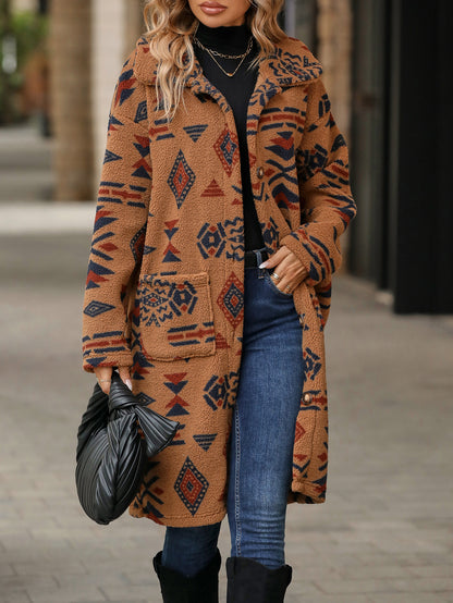 European And American Single-breasted Ethnic Print Plush Long Overcoat Outerwear