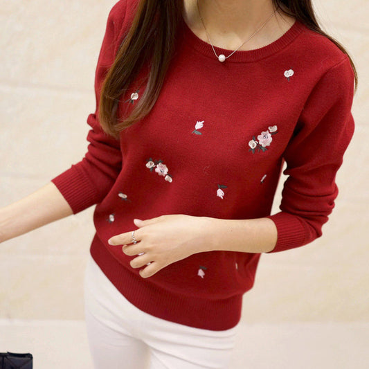 Slim Fit Plum Embroidered Crew Neck Women's Bottoming Shirt