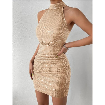 Women's Halter Pleated Sequin Bodycon Dress - European & American Style