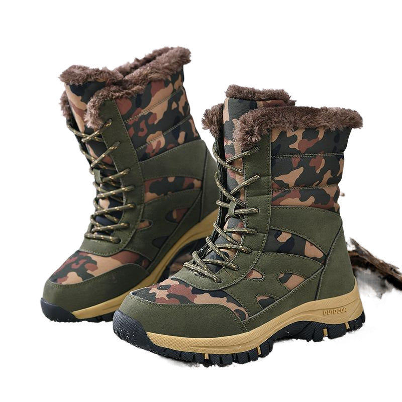 Outdoor Army Green Camouflage High-Top Snow Boots for Women, Thickened Cotton Shoes