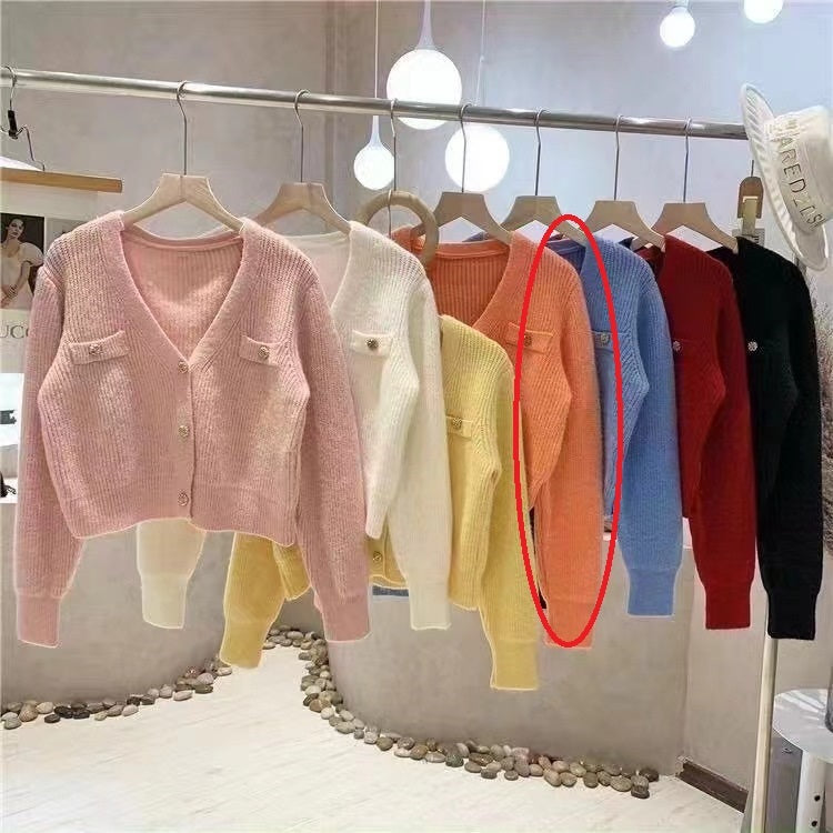 Classic Style V-Neck Long-Sleeve Short Knitted Cardigan Sweater