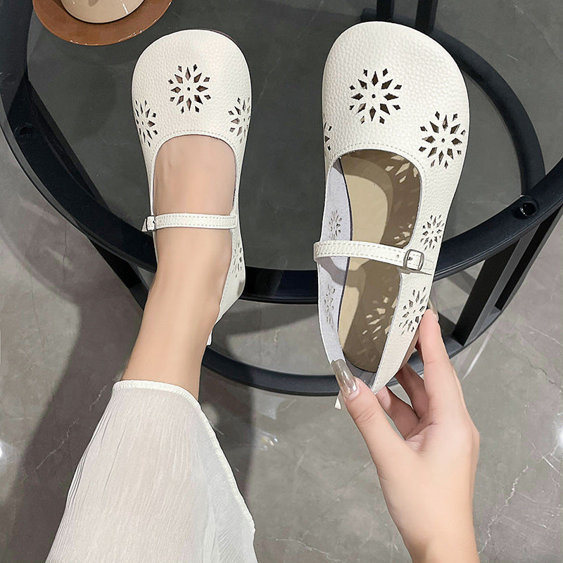 Retro Soft Leather Flat Hole Shoes with Buckle - Hollowed Leisure Design