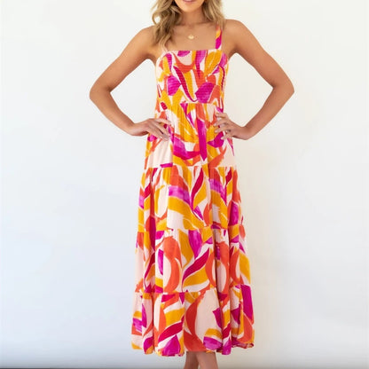 Floral Print Pleated Dress with Sexy Spaghetti Straps