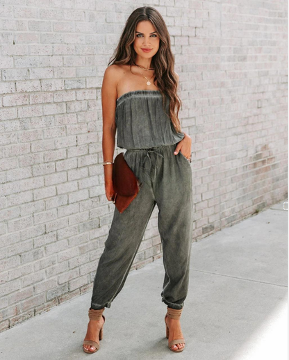 European And American Ladies Bandeau Distressed Lace-up Jumpsuit