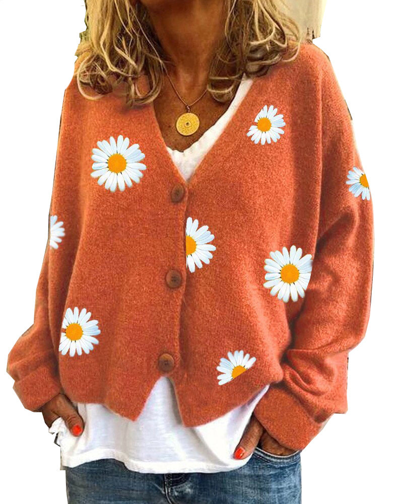 Women's Single Breasted Sweater Chrysanthemum Embroidered Cardigans Coat