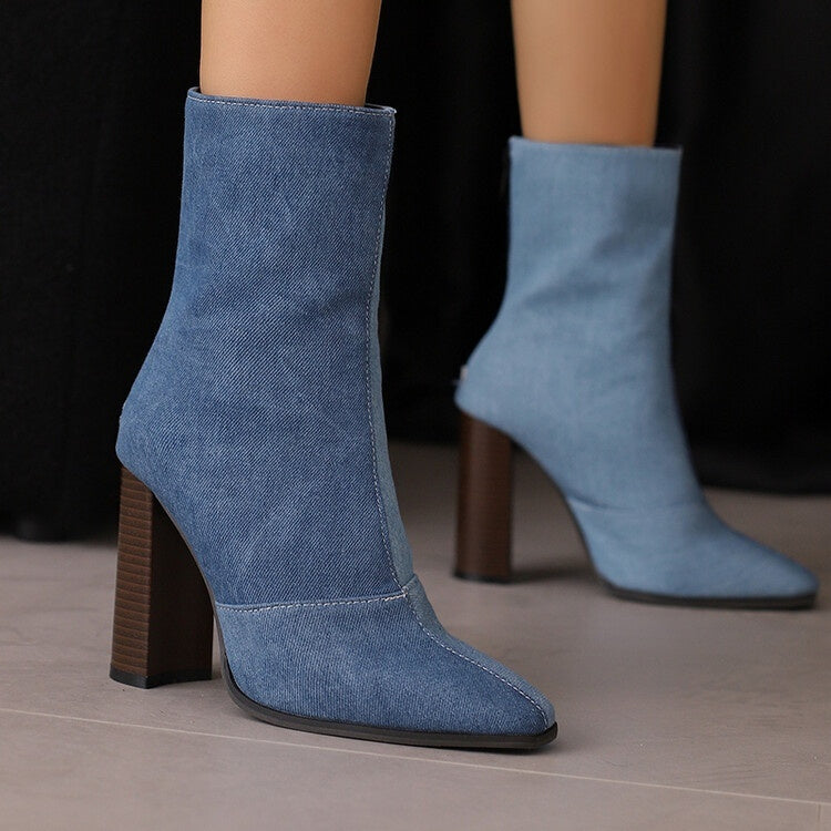 Women's Fleece-Lined High Heel Ankle Boots - French Style for Autumn & Winter