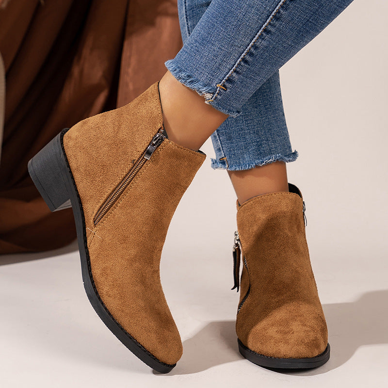 Women's Suede Chunky Heel Booties with Rubber Sole