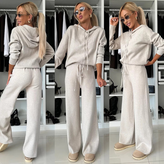 Women's Solid Color Hoodie and Wide-Leg Pants Set, Long-Sleeve Casual Style