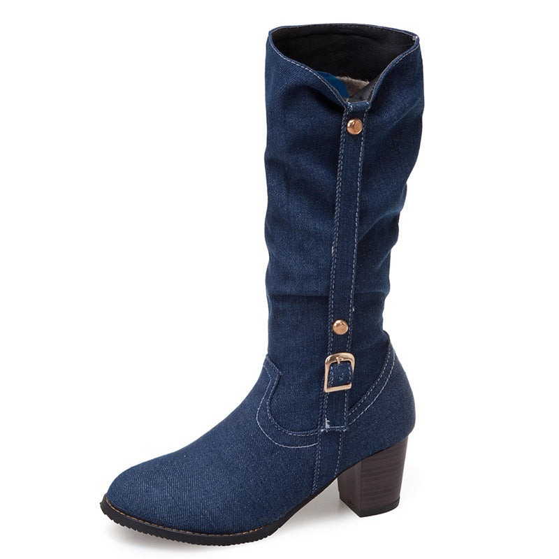 Mid-Calf Denim Women's High Heel Boots