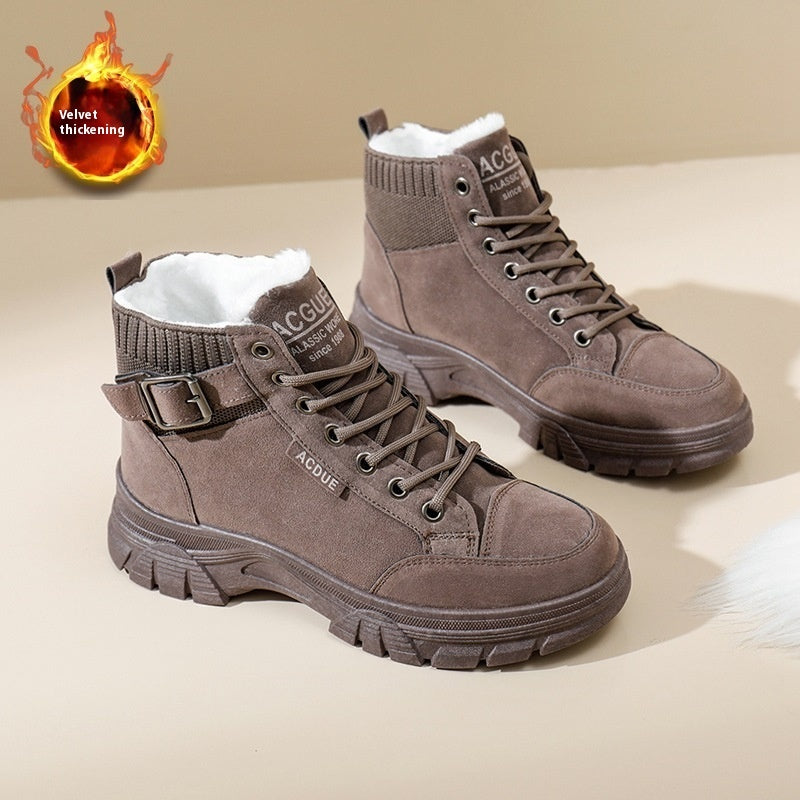 Women's Fleece-Lined Suede Boots with Round Toe and Thick Sole