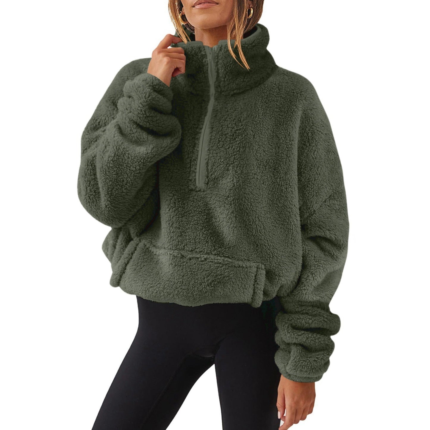 Velvet Fleece-Lined Half Zip Stand Collar Sweater for Women