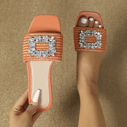 Women's Square Head Straw Rhinestone Flat Slippers for Outdoors, Vacation, and Leisure