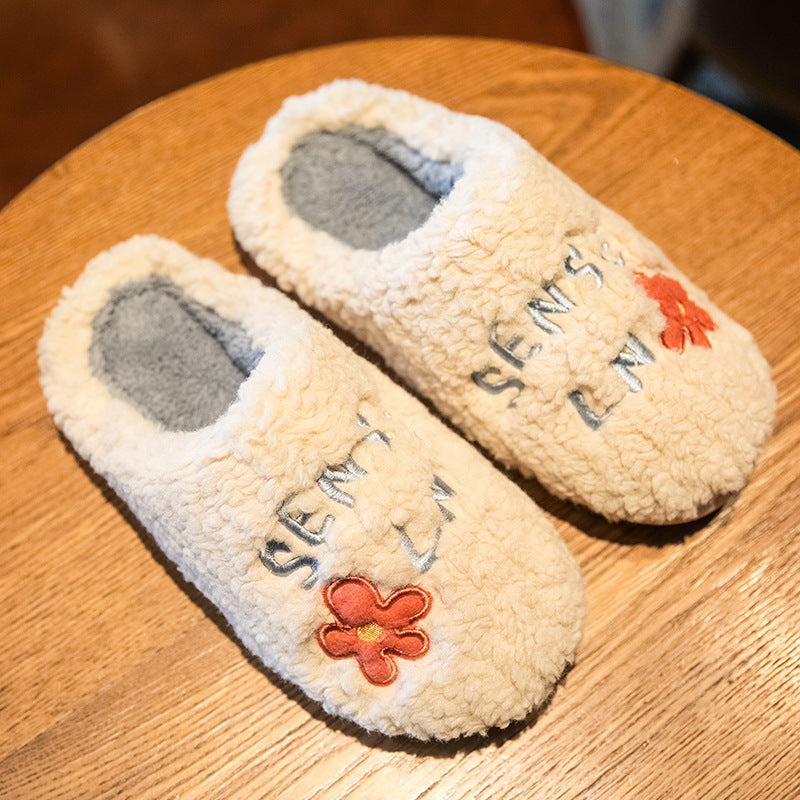 Cute Flower Fleece Slippers for Women – Winter Warm, Non-Slip Plush Bedroom Floor Slippers