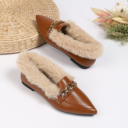 Plus Size Fluffy Shoes with Pointed Toe and Horsebit Buckle Detail