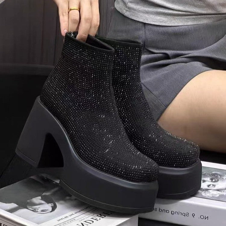 Starry Rhinestone Platform Chunky Heel Ankle Boots