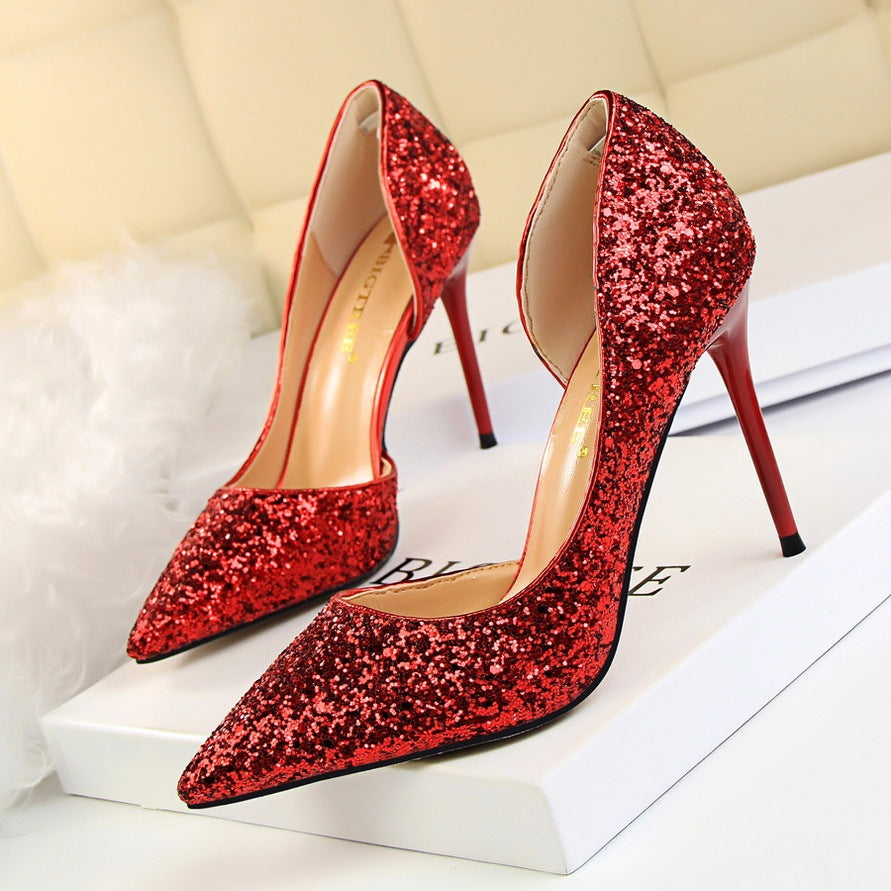 Skinny Women's Stiletto Heels with Pointed Toe, Side Hollow-out, and Sequin Accents