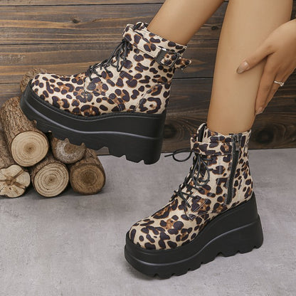 Plus Size Leopard Print Platform Height-Increasing Martin Boots