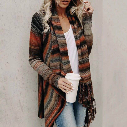 Long Slim-Fit Fashion Tassel Stripe Sweater Coat