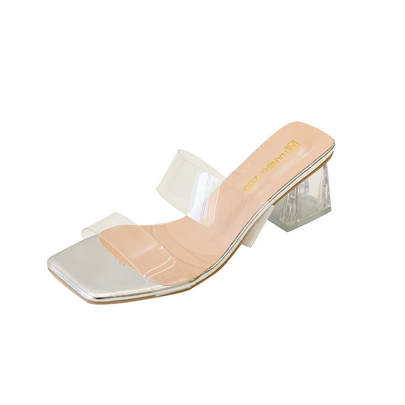 Crystal Thick Heel High Heels | Women's Slip-On Sandals with Glamorous Design