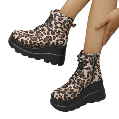 Plus Size Leopard Print Platform Height-Increasing Martin Boots