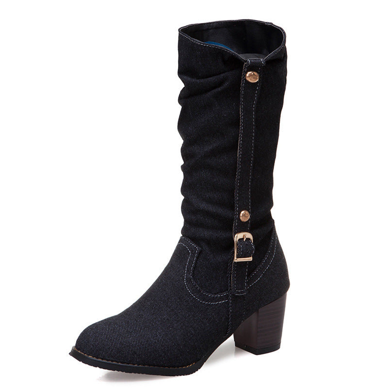 Mid-Calf Denim Women's High Heel Boots