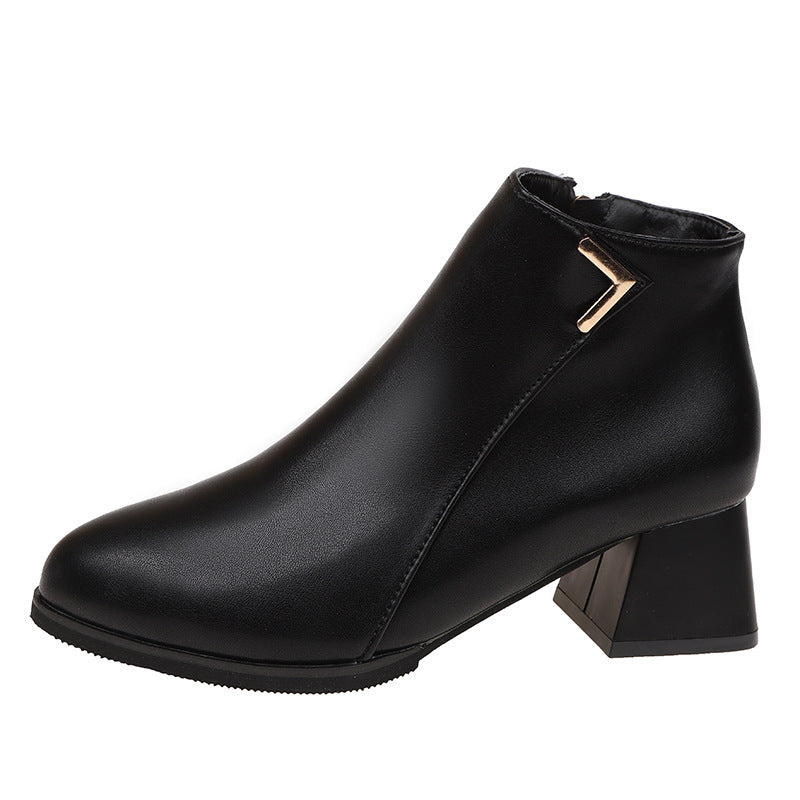 Round Head Chunky Heel Solid Color Women's Short Martin Boots - European and American Style