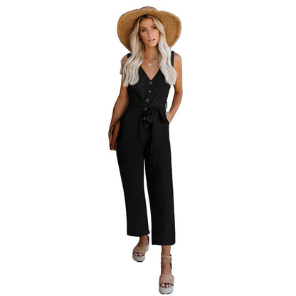 Strap Jumpsuit Solid Color Casual Waistband