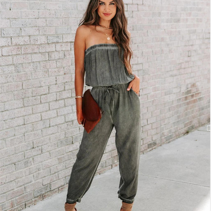 European And American Ladies Bandeau Distressed Lace-up Jumpsuit