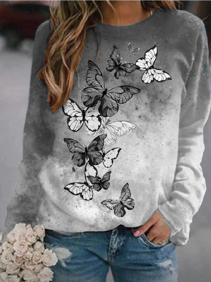 Flower Butterfly Round Neck Sweatshirt Female