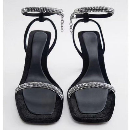 Square Toe Rhinestone Stiletto Sandals for Women