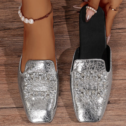 Flat Heel Silver Square Toe Rhinestone Semi-Slippers with Skirt