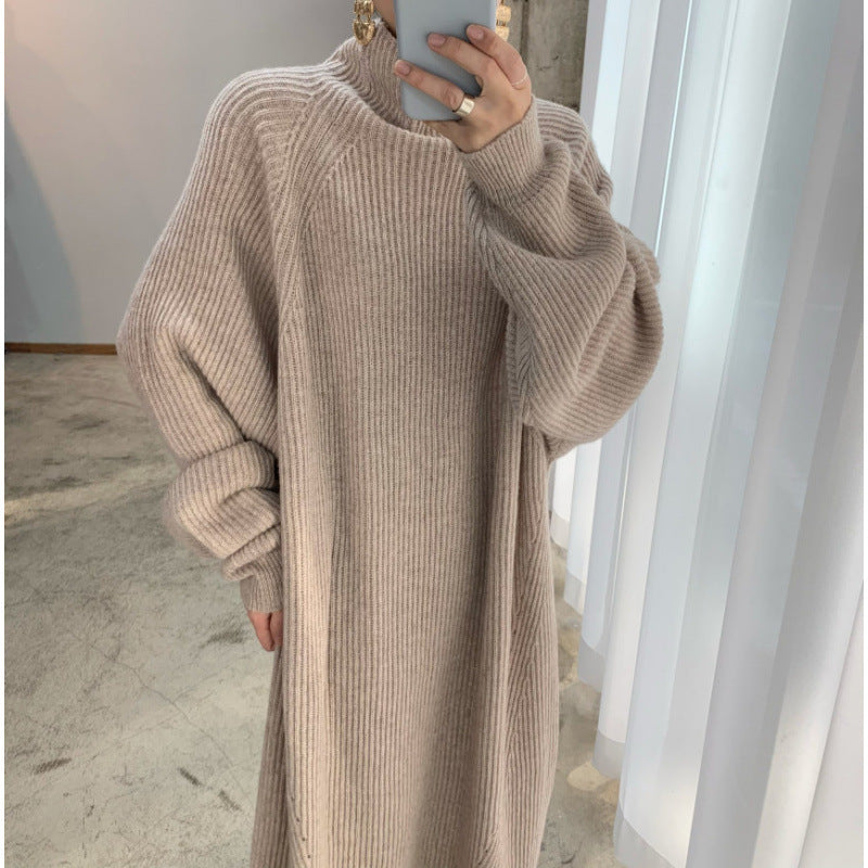 Straight Knitted Sweater Dress with Raglan Sleeves and Sunken Stripes