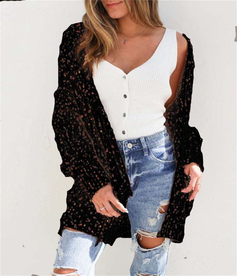 Color Dot Cardigan Long Sleeve Pocket Sweater