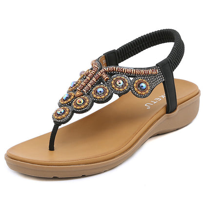 Women's Bohemian Beaded Sandals – Rhinestone Buckle Design