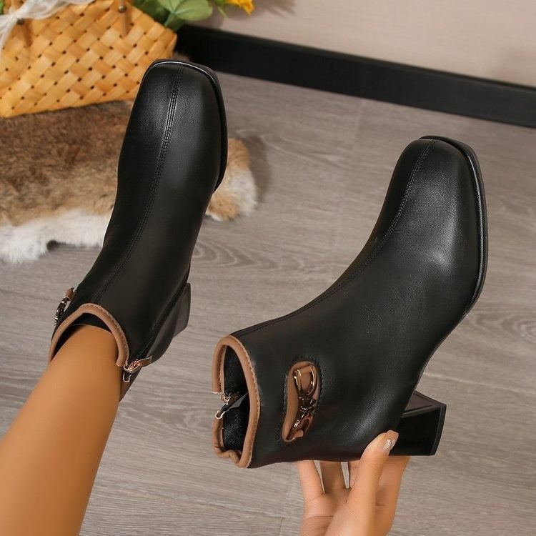 Casual Plus-Size All-Match Square Head Chunky Heel Martin Boots for Women