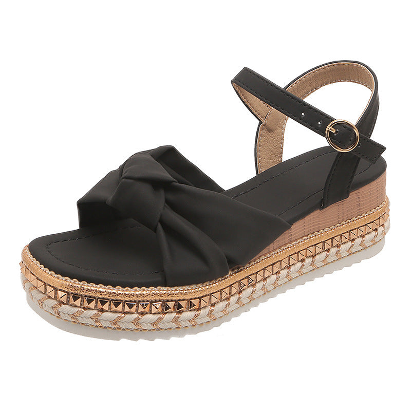 Fashion Flat Open Toe Sandals with Hemp Rope, Buckle, and Cross Bow