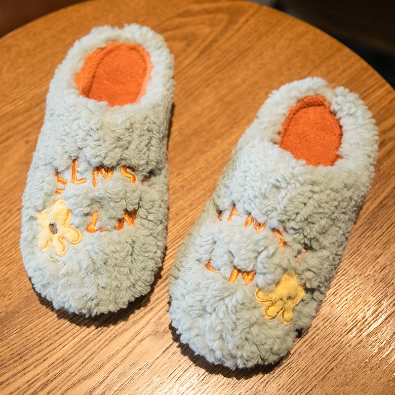 Cute Flower Fleece Slippers for Women – Winter Warm, Non-Slip Plush Bedroom Floor Slippers