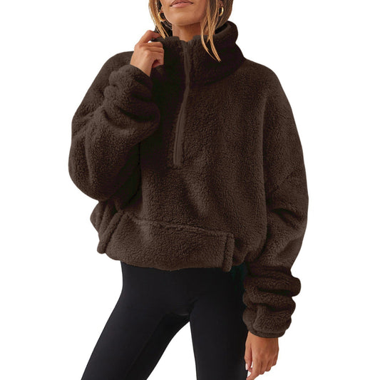 Velvet Fleece-Lined Half Zip Stand Collar Sweater for Women