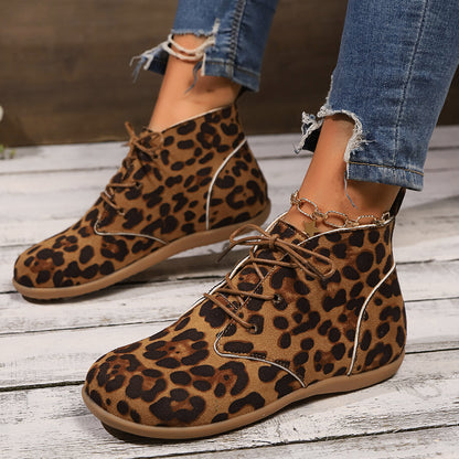 New Lace-up Leopard Print Flat Casual Boots