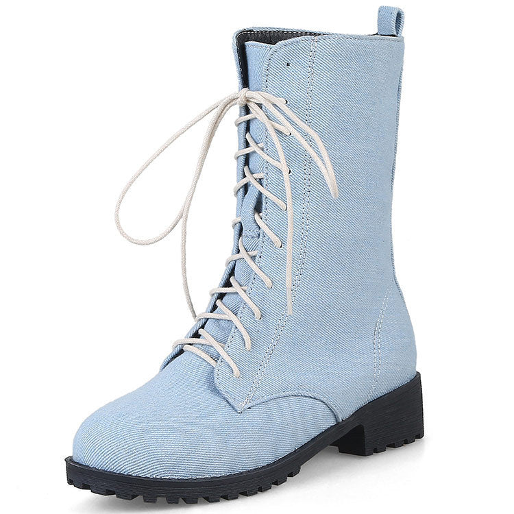 Women's Denim Front Lace-up Low Heel Martin Boots