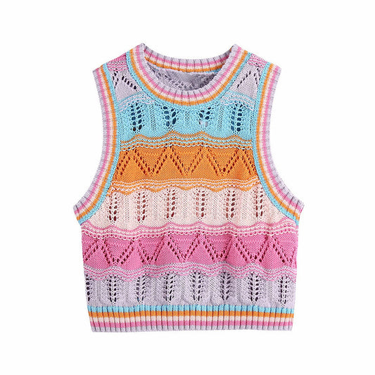 Women's Sleeveless Knitted Vest with Multicolored Hollow Stripes