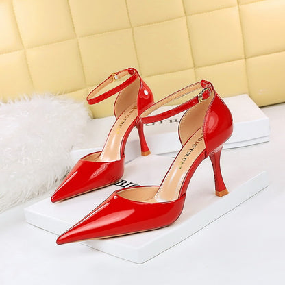 Women's Ultra High Heel Patent Leather Pointed Toe Strap Sandals with Wine Glass Heels