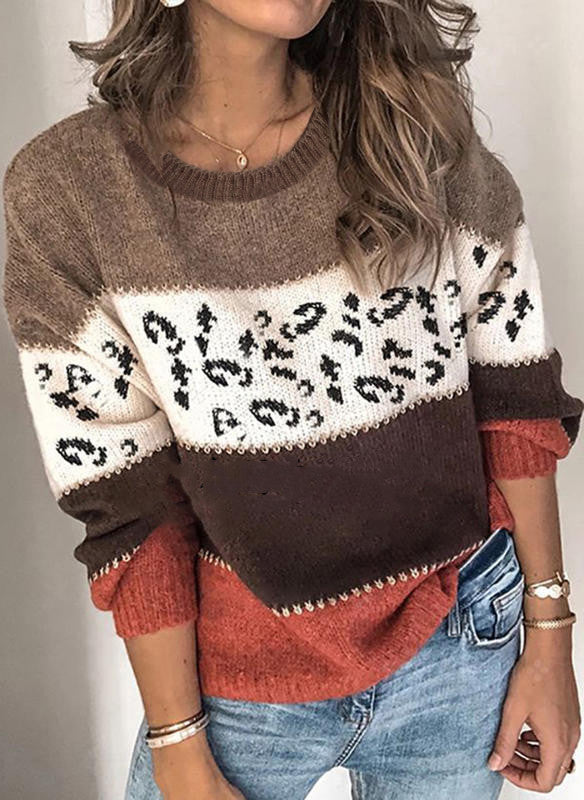 Leopard Print Knitted Sweater with Stylish Stitching