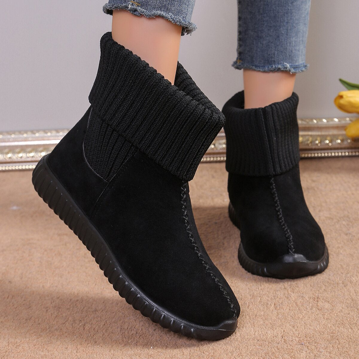 Winter Fashion Flat Ankle Boots for Women – Comfortable Reversible Knitted Design Snow Boots