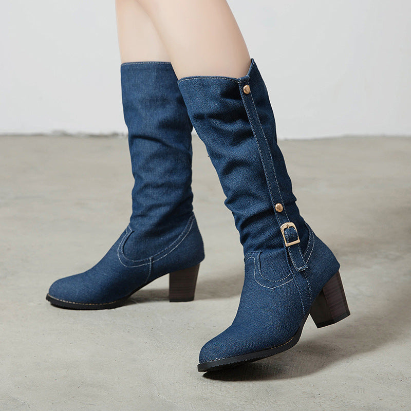 Mid-Calf Denim Women's High Heel Boots